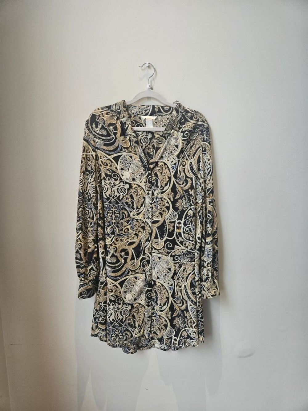 H&M Baroque Medallion Print Long-Sleeve Button-Up Tunic/Dress/Blouse- Size 6